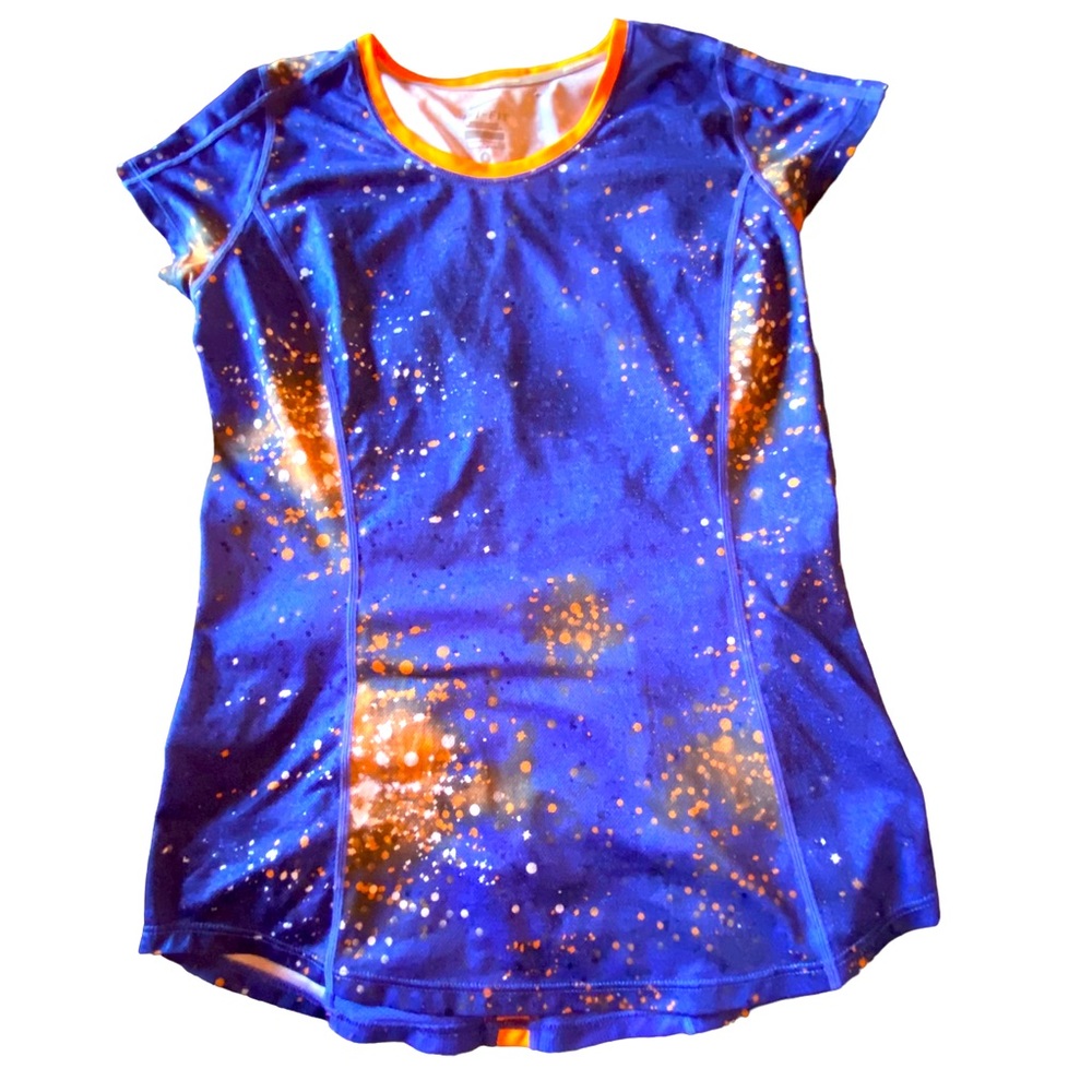 Nike Dri-Fit Women’s Running Top Cap Sleeve Blue/Orange Multi Splatter Size S